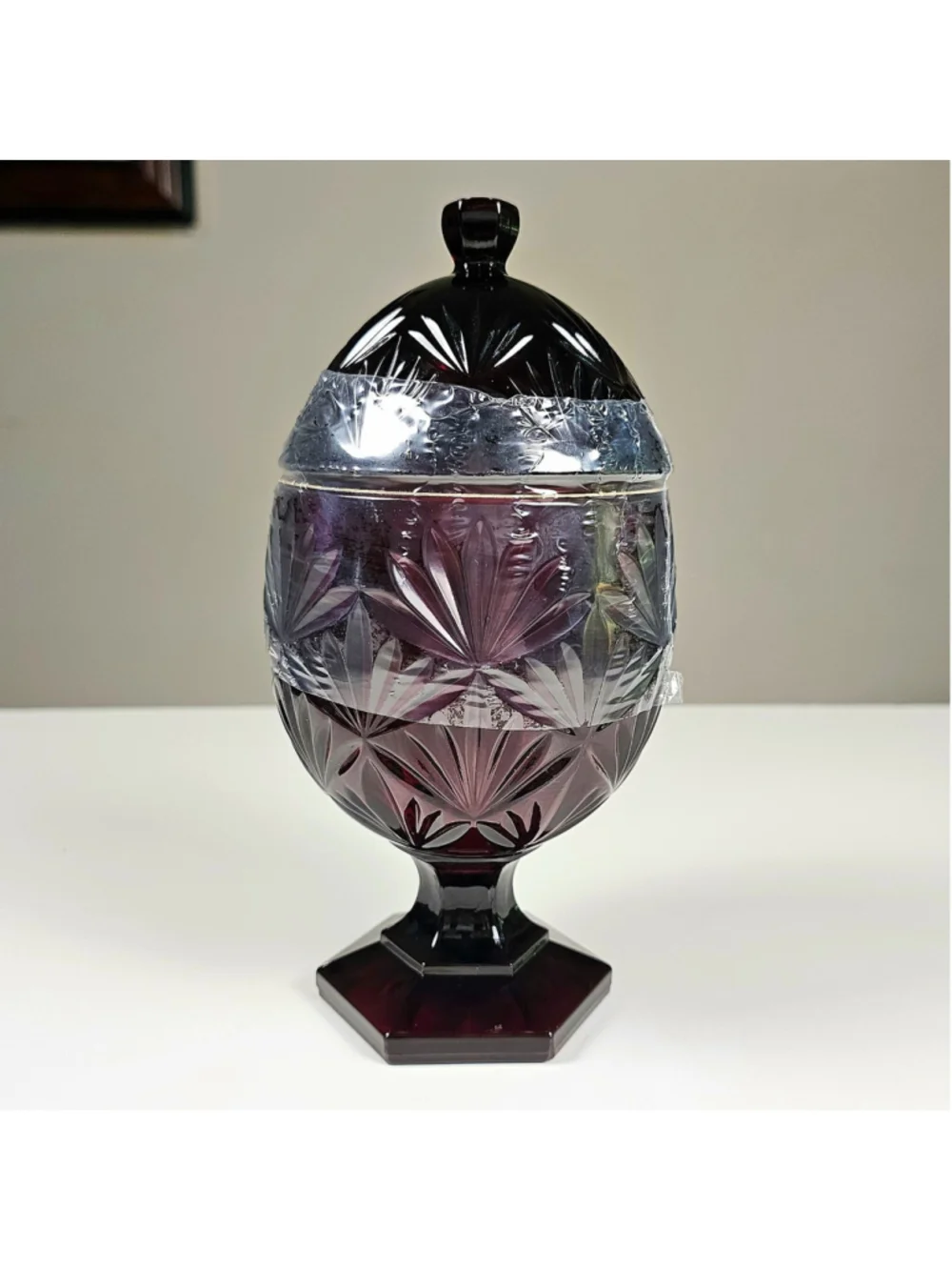 Vintage Luminarc France Ruby Red Glass Egg Candy Dish Lidded Pedestal Starburst